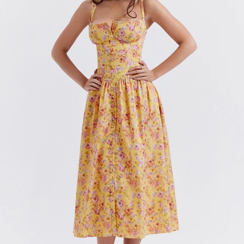 2023 Summer Camisole Dress With Front Buttons, Back Tie, Lace Trim Above The Bust, Elegant And Stylish_voghion.com