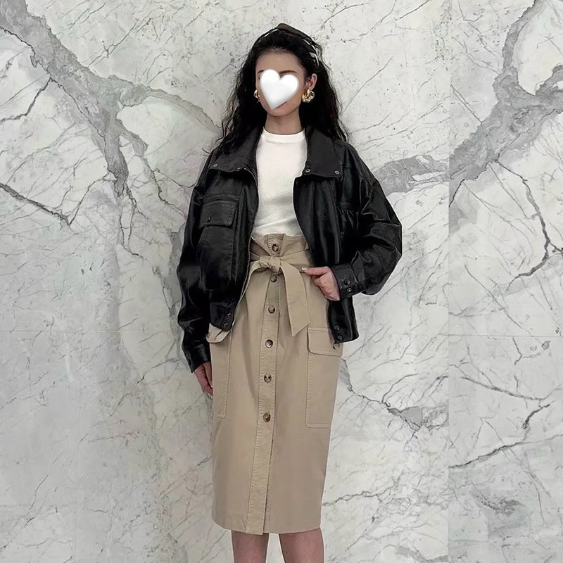 现货设计师单排扣绑带收腰包臀裙夏工装风口袋显瘦职业半身裙中长|undefined