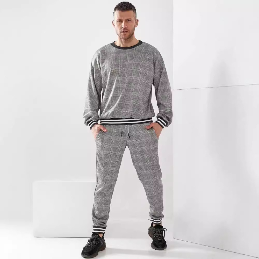 2024 ribbed contrasting color splicing sweatshirt men's two-piece furniture leisure sports set_voghion.com