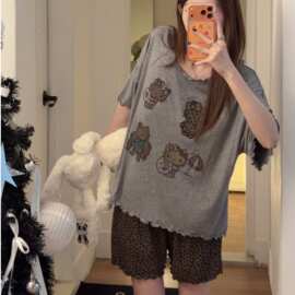 豹纹卡通印花莫代尔睡衣女 夏季木耳边带胸垫家居服套装