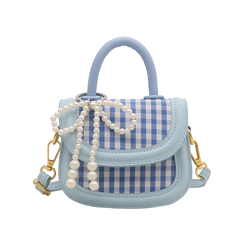 Bolso de hombro de niña a cuadros de moda coreana lindo bolso de bebé con lazo de perla mini bolso para niños de estilo occidental