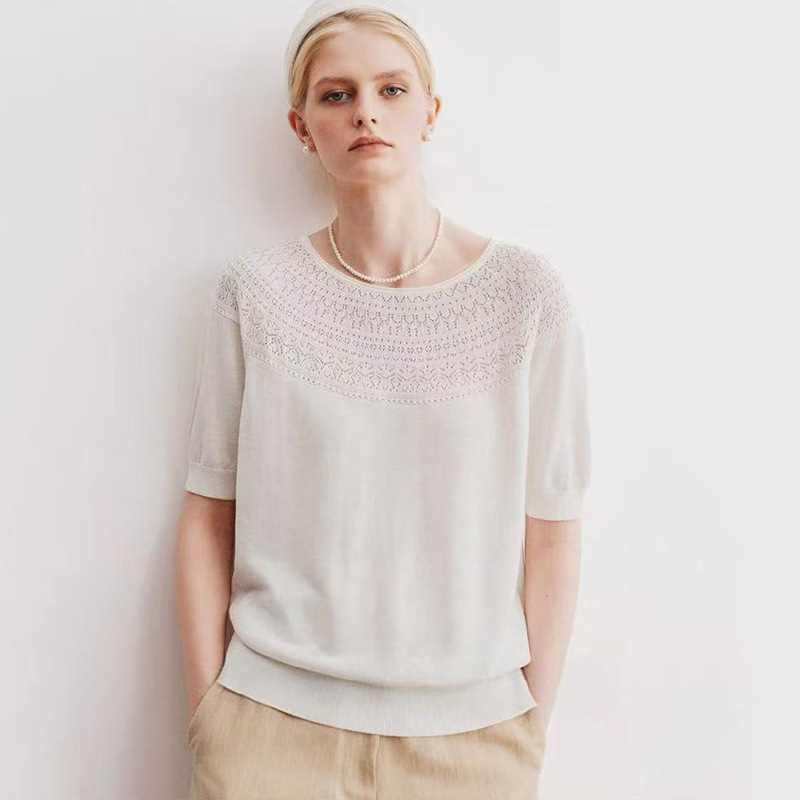 Summer New French-Style Gentle "Southern French Blouse" Gradient Hollow Jacquard Mulberry Silk Cotton Boat Neck Short-Sleeve Knit Top