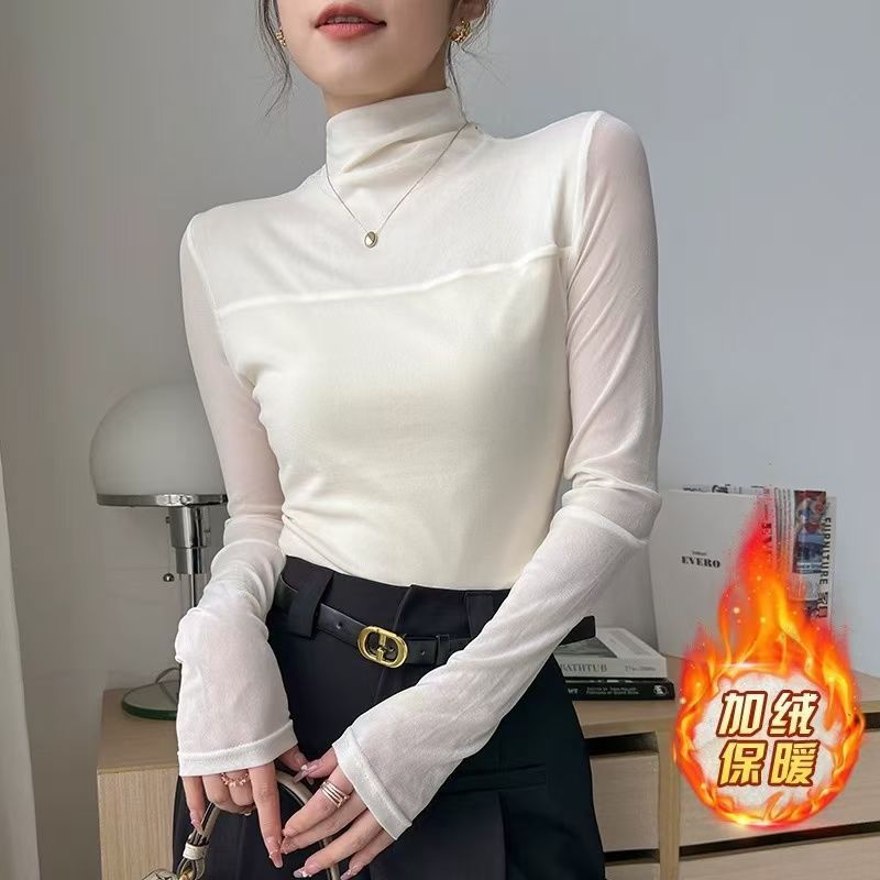 (加绒不加价)半高领网纱气质打底衫女春秋季修身显瘦T恤内搭上衣|undefined