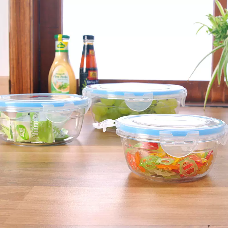 圆形塑料保鲜盒3件套硅胶密封冰箱储物盒水果蔬菜收纳盒
