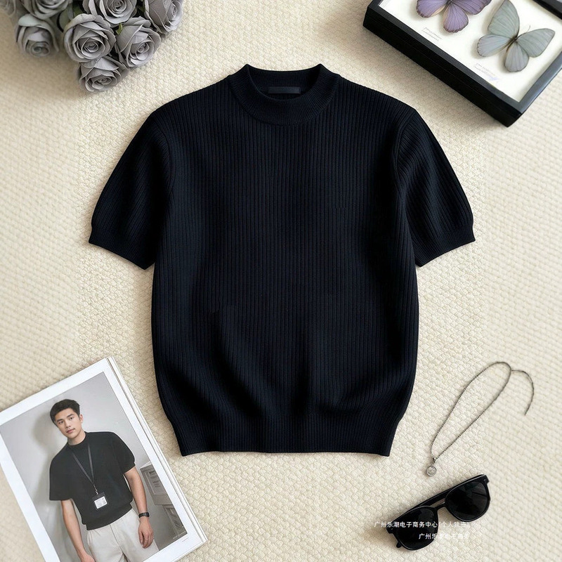 Black Fine Striped Knit Short-Sleeve Men's Summer Ice Silk T-Shirt with Cuffed Sleeves, Old Money Style, Husband-Like Look, Half-Sleeve