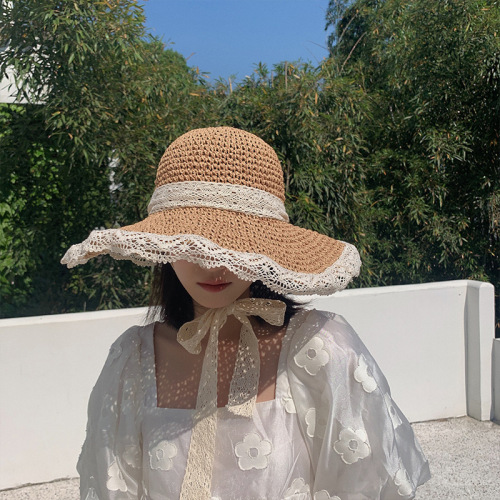 Hat Women's Straw Hat Korean Style Trendy Versatile Japanese Summer Thin Breathable Lace Hollow Small Fresh Windproof Rope