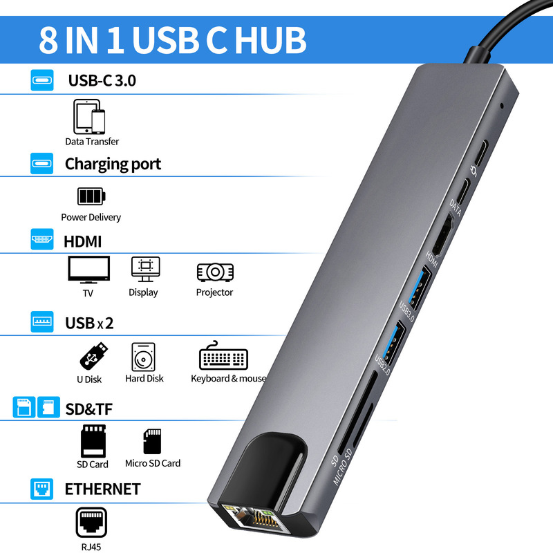 8 in 1 type-c拡張ドックhdmiネットワークポート3.0usb c hubノートカード変換ハブ|undefined