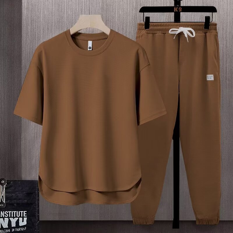 foreign trade one-set matching suit solid color men‘s t-shirt 2025 summer japanese style trendy ins short-sleeved long pants two-piece set
