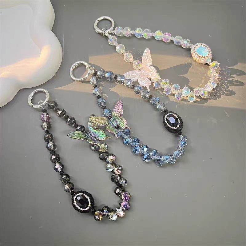 Cadena de teléfono móvil de cristal tridimensional de alta calidad, bola de diamantes de imitación de mariposa de lujo ligero, cordón de teléfono móvil, cordón de muñeca corto nuevo