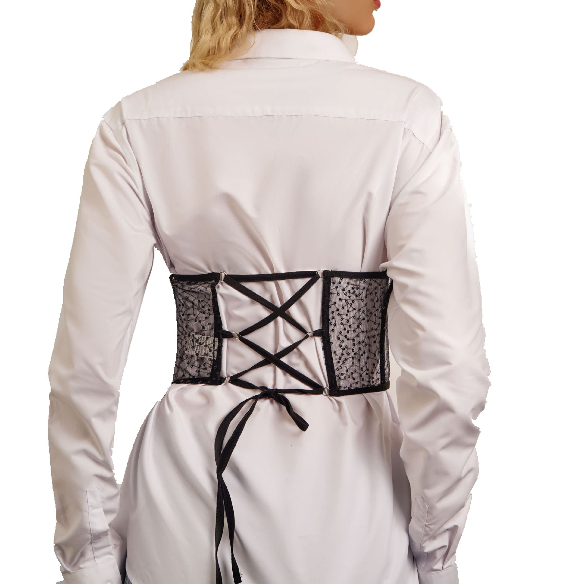 Top Corto Ajustado con Anillo de Acero en la Cintura, Estilo Urbano, con Malla, Lazos y Lentejuelas, Moldeador de Cintura Sexy