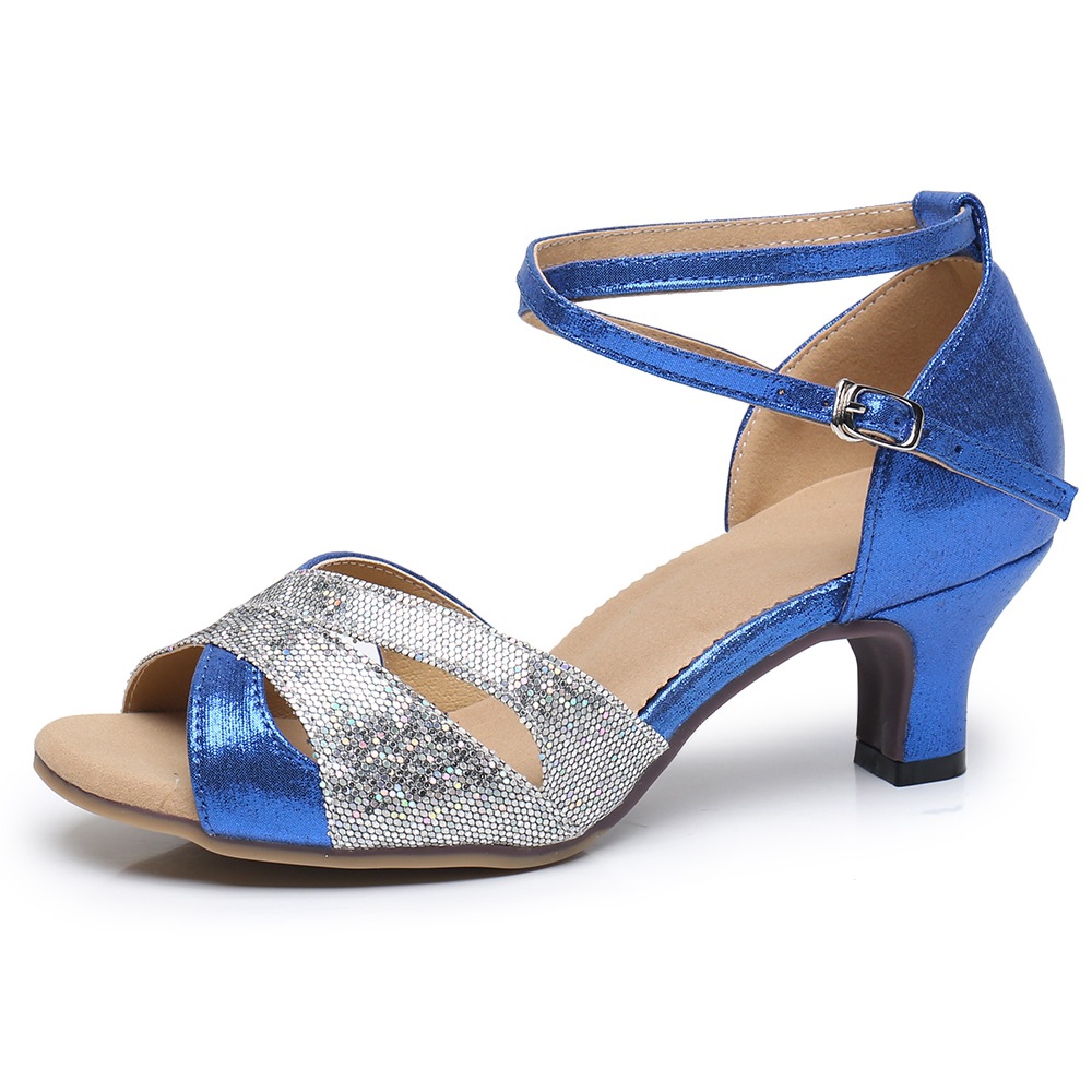 Zapatos de baile latino de piel de oveja de las mujeres adultas zapatos de baile de tacón medio de fondo suave zapatos de baile cuadrados sociales sandalias