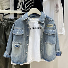 男童水洗做舊牛仔襯衫外套2023秋裝中大童寬鬆柔軟長袖翻領上衣潮
