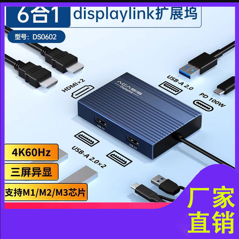 DisplayLink docking station for Macbook laptops M1M2M3, supports triple-screen 4K60Hz simultaneous display and split-screen functionality