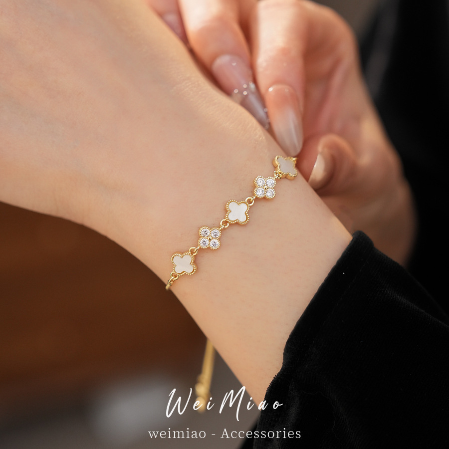 14 quilates de oro verdadero electronite de piedra de hierba de la suerte pulsera de flores ligera pulsera de nicho de lujo sensación de alto nivel simple joyería versátil image 3