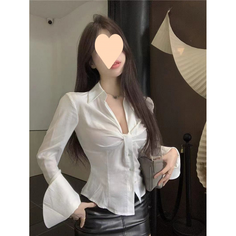 白色辣妹领扭结长袖衬衫女夏法式别致衬衣短款褶皱小众收腰上衣|undefined