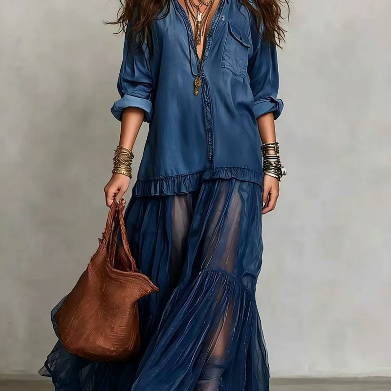 Dm077 2026 European and American Style Cross-Border Independent Website Hot-Selling Women's Retro Lapel Faux Denim Long Dress Casual Style