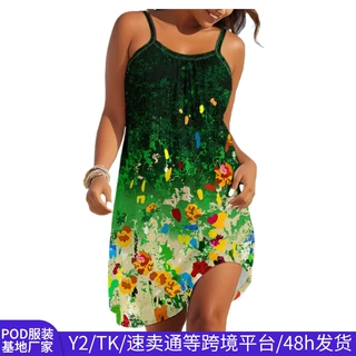 Y2亚马逊外贸吊带连衣裙女花卉印花夏季无袖跨境休闲海边度假裙