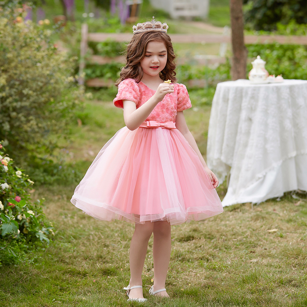 Vestido formal europeo y americano para niñas, vestido de princesa, vestido con mangas abullonadas, vestido de actuación, vestido de princesita con lazo para niñas pequeñas