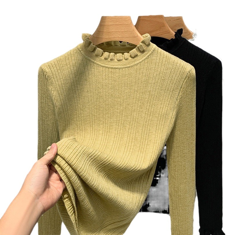 Cuello con volantes punto camisa de fondo para las mujeres 2023 nuevas color sólido suave glutinoso suéter caliente Cintura interior apretado top image 1