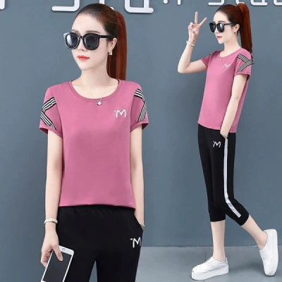 Женская весна-лето больших размеров, новинка 2025, свободная модная повседневная спортивная одежда в корейском стиле с короткими рукавами, студенческий комплект из двух предметов