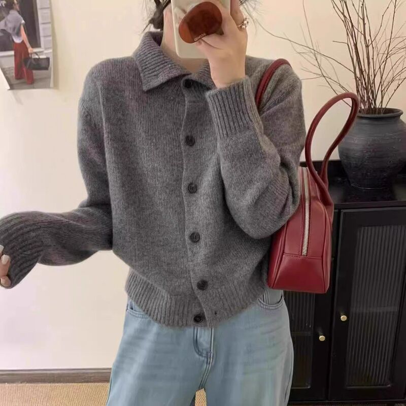Retro Stand-Up Collar Sweater Jacket for Women in Spring, Autumn and Winter Thickeneded High Collar Lazy New Single-Breasted Lapel Knitted Cardigan