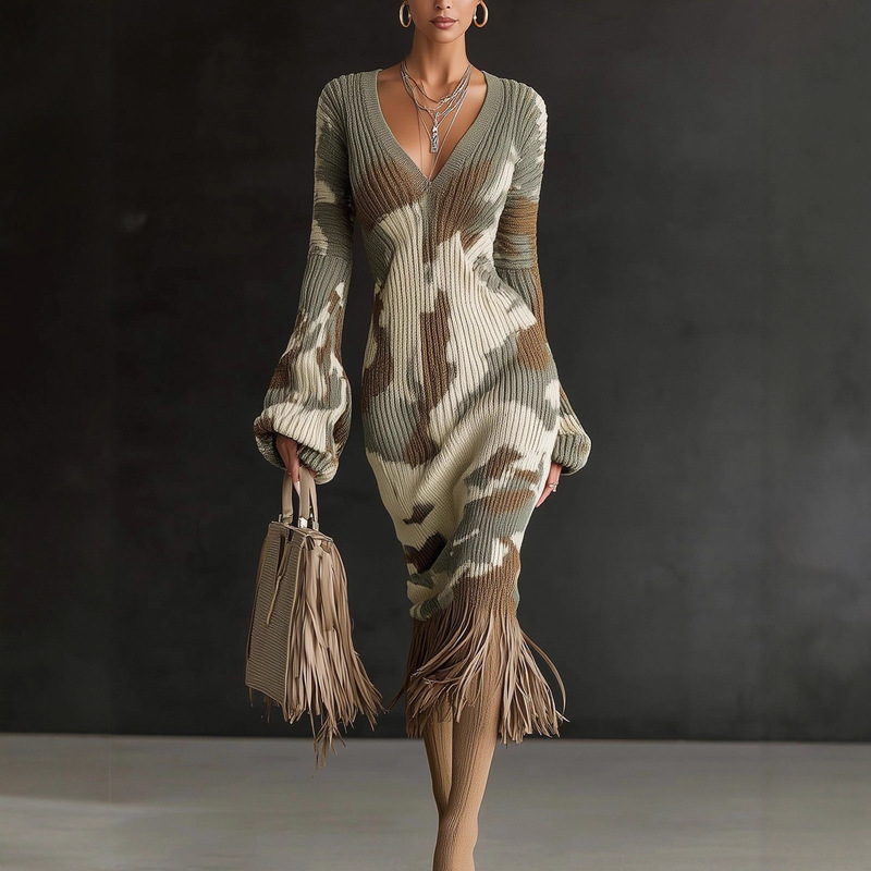 Temu Elegant Women's Sweater Knit Dress Creative Retro Print Soft V-Neck Slim Fit Tassel Dress