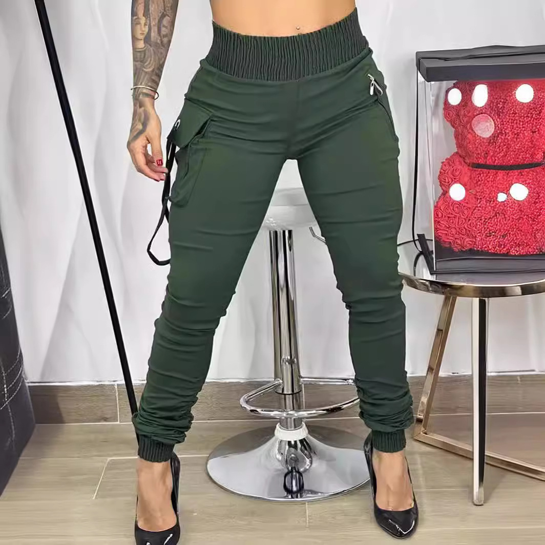 Ženska oblačila, enobarvne ženske hlače za delo, priložnostne elastične hlače z zadrgo in torbico_voghion.com