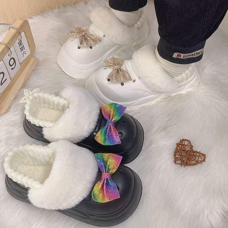 Cross-Border Fur Slippers with Heels, Home Slippers That Can Be Worn Outside, Rhinestone Bow Thick Soles, Heightening and Warm Fur Hole Shoes for Women