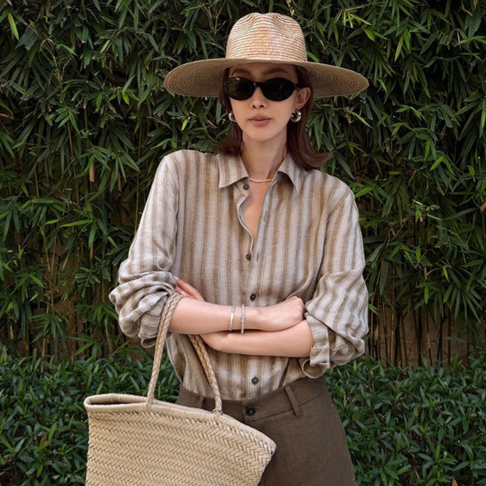 Codena 100 Linen Striped Classic Versatile Shirt Urban Old Money Style Simple Long-Sleeve Elegant Casual Top