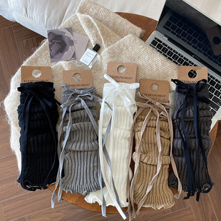 Socks Women's Cross Strap Long Barrel Spring and Autumn Vintage Niche Split Autumn and Winter Ballet Style Solid Color Knitted Calf Socks