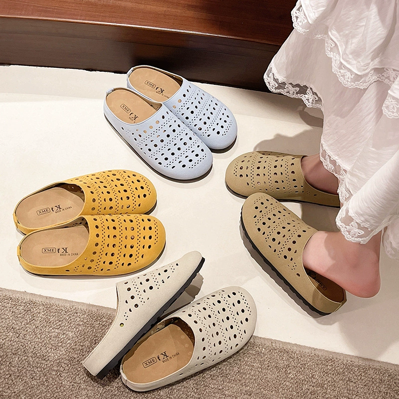 Ретро нишевые полые обувь на мягкой подошве Birkenstock для женской пальцы полуаромат 2025 новая нише желтые ленивые Римские сандалии