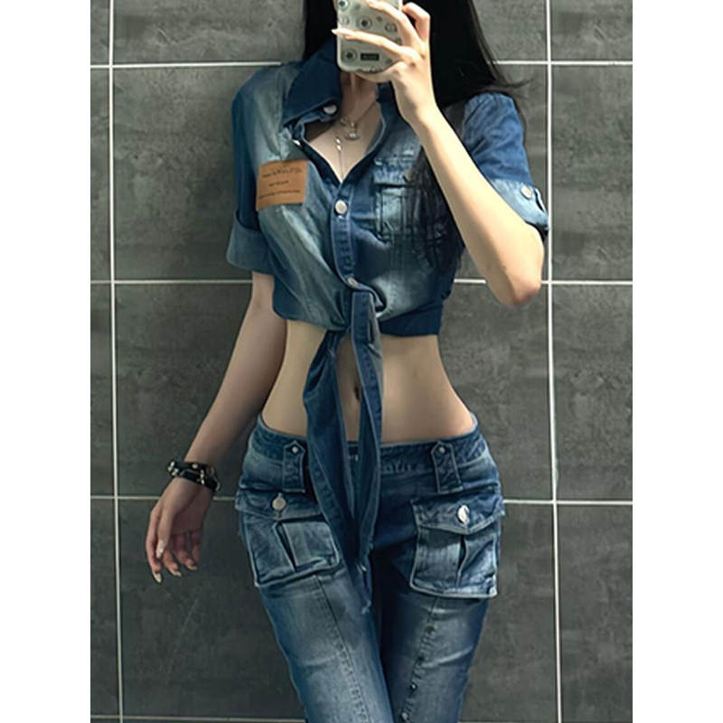American Retro Hot Girl Washed Denim Suit Women's Summer Short-Sleeved Shirt Low-Waist Slightly Flared Long Pants Two-Piece Trendy Set