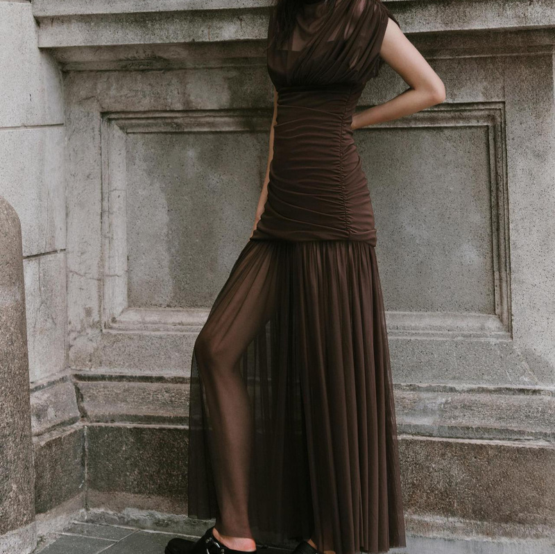 European and American Women's Clothing Zr Custom-Made Elastic Mesh Dress with Small High Collar, Sleeveless, Waist-Cinching, Slim-Fit Long Dress