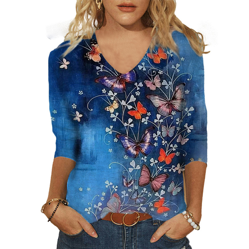 2025 Cross-Border Amazon Women's Casual Printed V Neck 3/4 Sleeve T-Shirt Tops in Stock