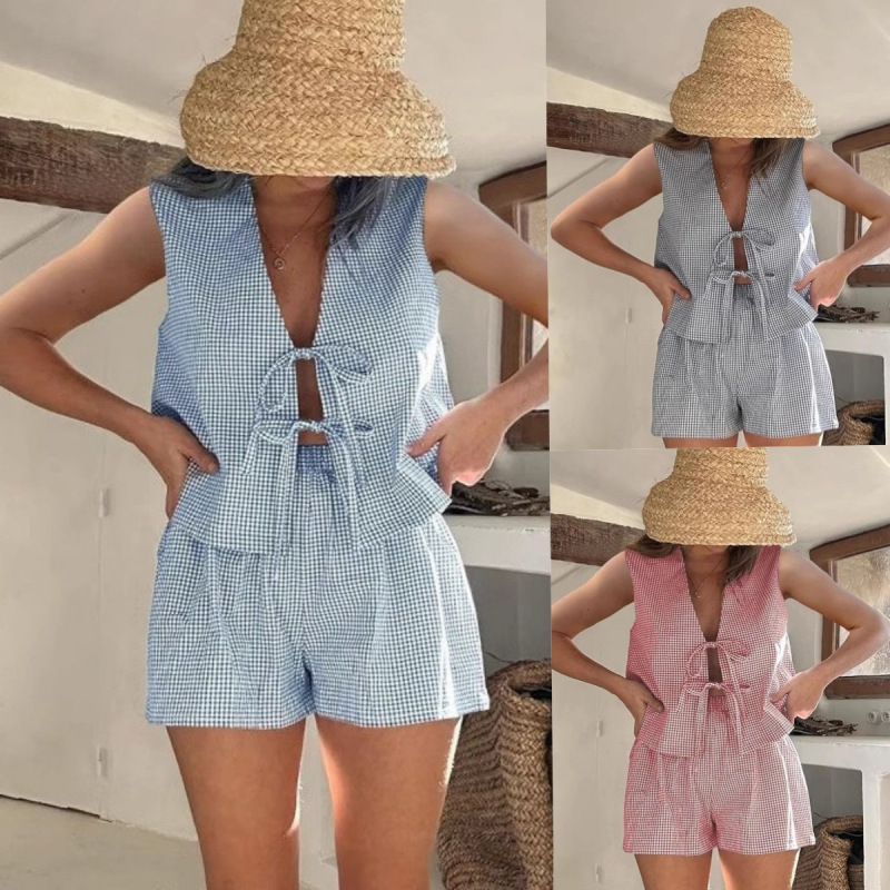 European and American Export Women's Clothing 2025 Summer New Plaid Lace-Up Cardigan Vest Shorts Fashion Casual Suit for Women