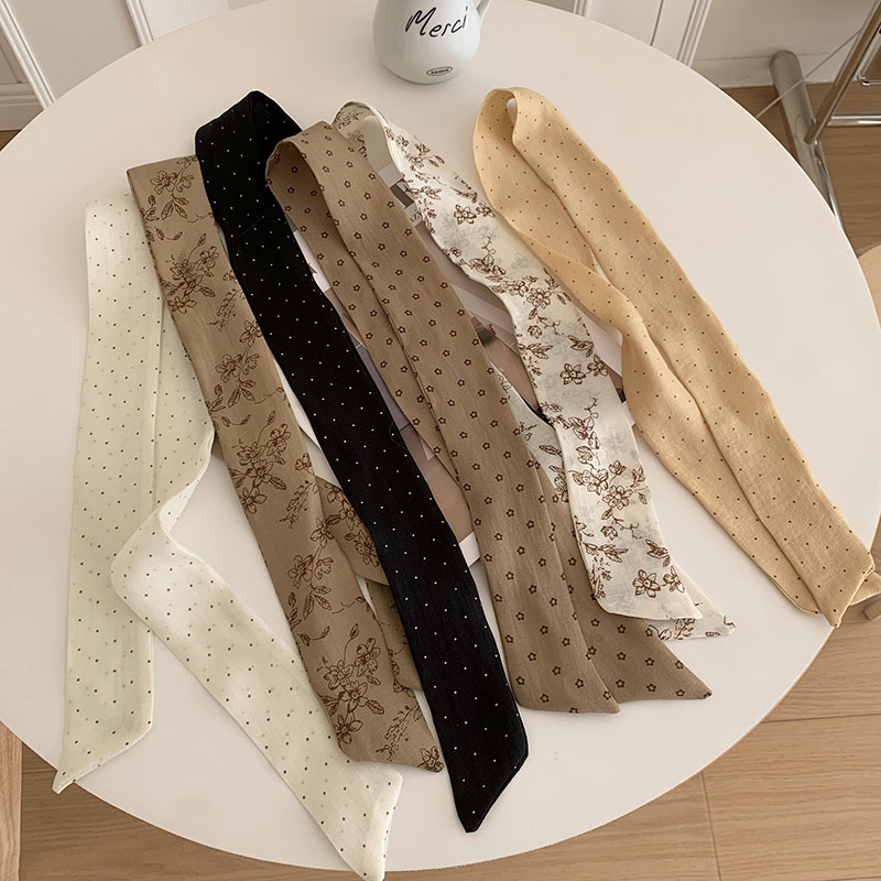 Bufanda de seda, banda larga, sensación de alto nivel, bufanda de lunares pequeños, decoración de cinta de doble capa, banda para el cabello estrecha, bolsa de atar drapeado, cinturón de cinta
