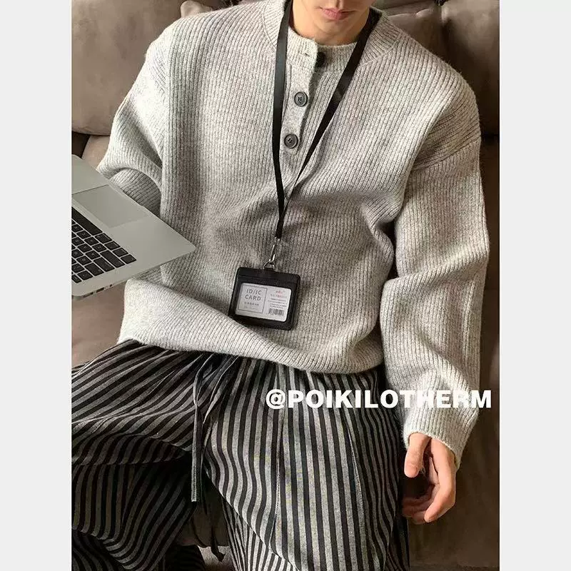 灰色美式复古亨利领毛衣男款冬季慵懒风高级感针织衫cleanfit