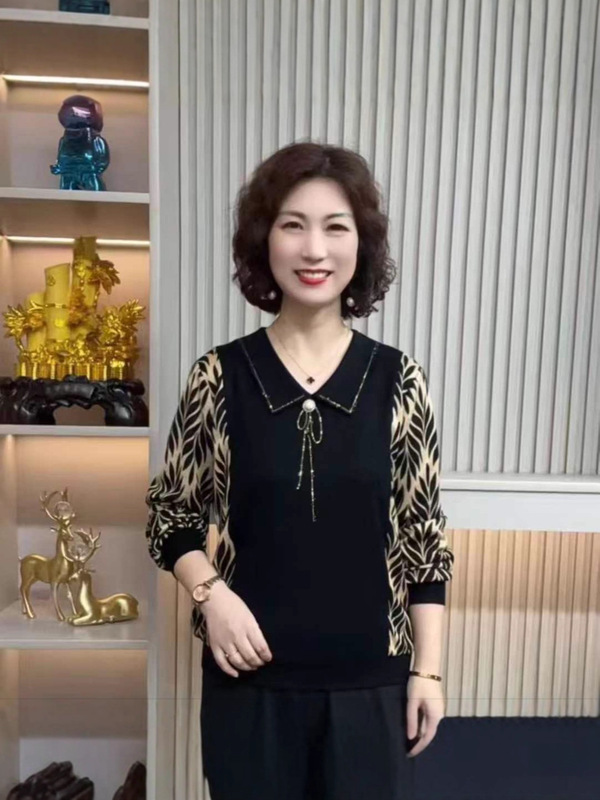 洋气妈妈衫秋装上衣薄款长袖T恤女40岁中老年秋季拼接小衫烫钻|undefined