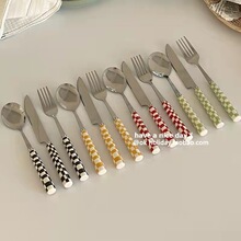 ins韩国风棋盘格西餐具刀叉勺套装牛排刀甜品勺餐叉简约现代风