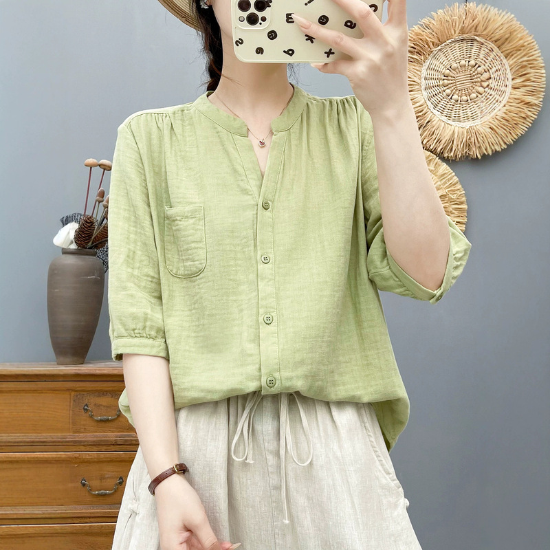 Double-layer cotton gauze three-quarter sleeve shirt for women, summer export, high-quality, soft and skin-friendly, pure cotton V-neck mid-sleeve shirt
