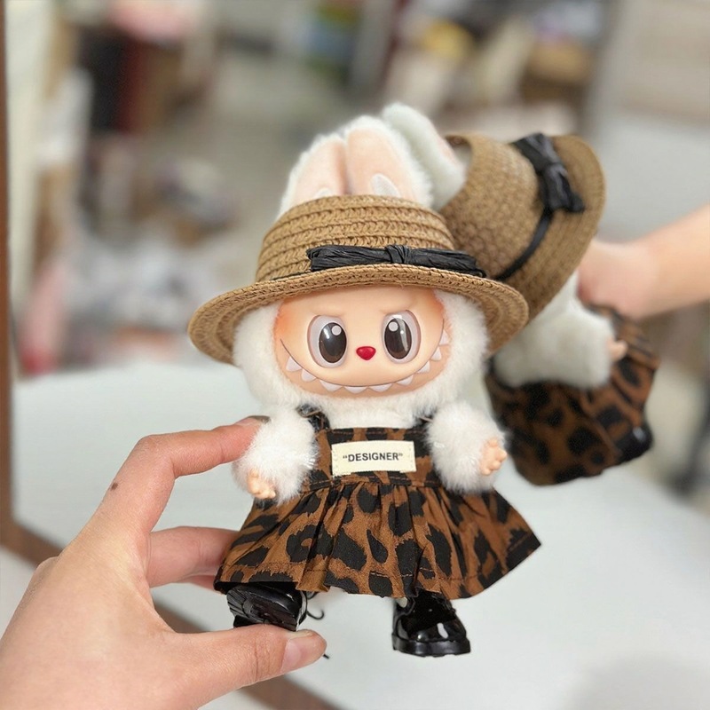17cm拉布布娃衣配饰 搪胶玩偶labubu衣服 豹纹连衣裙草帽套装|undefined