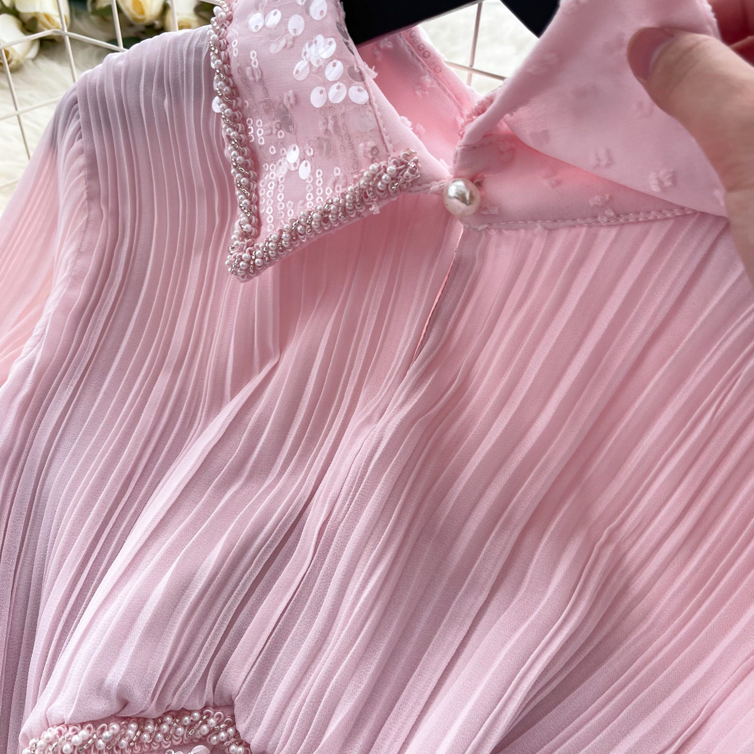 Women's French Style Sequined Mesh Pleated Two Piece Set With Fitted Waist Elegant Sophisticated Look For Spring Autumn_ecoleips.com