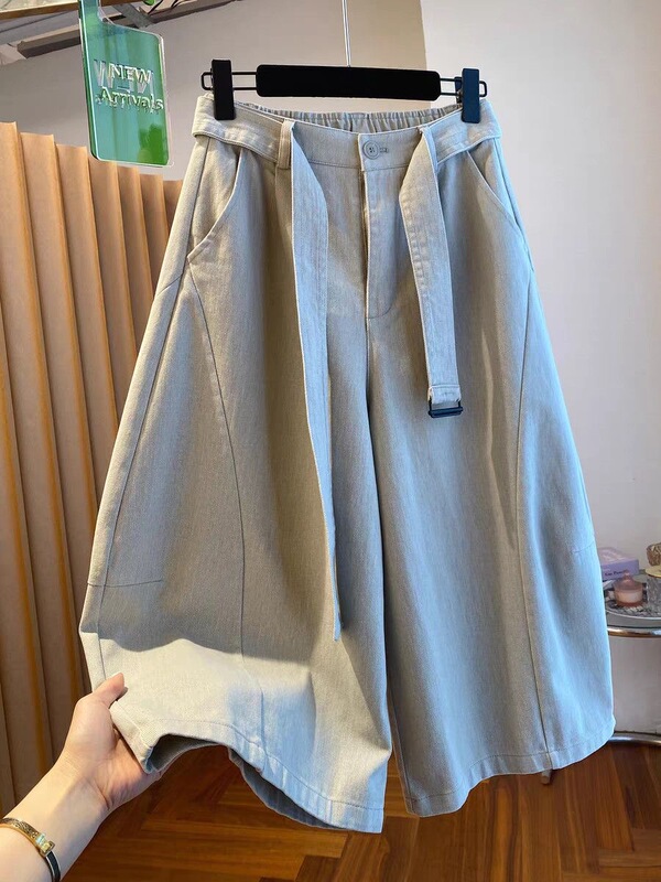 Plus-Size Women's Korean-Style Belted Cropped Pants, Loose Fit, New Spring/Summer Casual Fashion Wide-Leg Pants Plus-Size Women's Korean-Style Belted Cropped Pants, Loose Fit, New Spring/Summer Casual Fashion Wide-Leg Pants