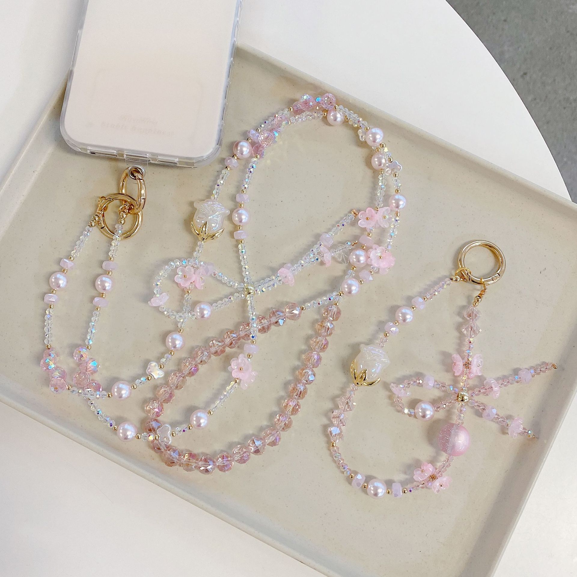 Boutique hecho a mano de alta gama teléfono móvil cadena colgante mujer tulipán rosa cadena larga cordón de teléfono móvil de moda colgante de mensajero largo