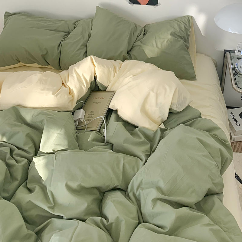 Ins Pure Color Bedding Four-Piece Set Washed Cotton Bed Sheetss Quilt Cover Quilt Cover Bed Sheetss Student Dormitory Three-Piece Set