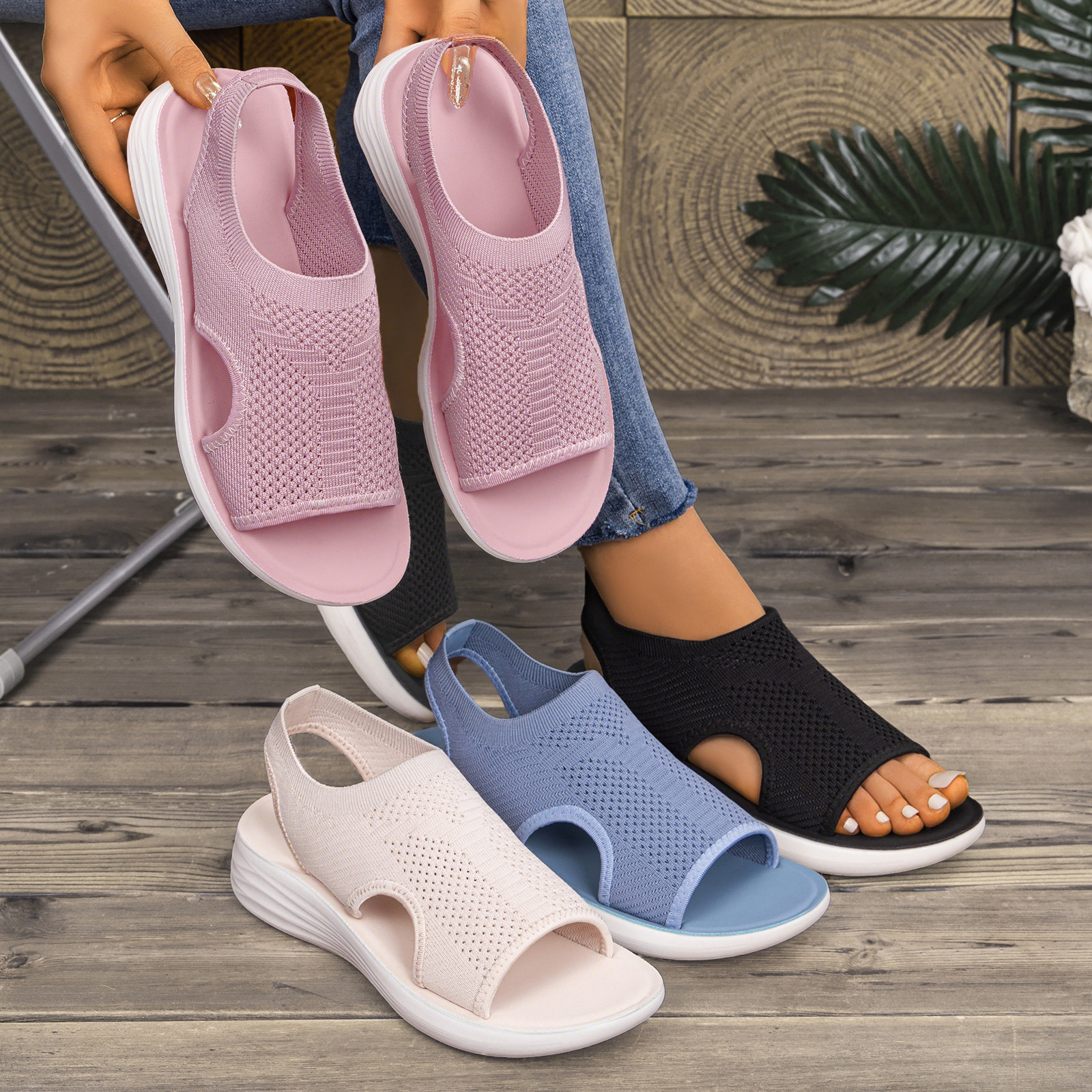 Zapatos de playa casuales de moda de verano, sandalias de tejido volador, zapatos romanos huecos, zapatos de mujer transfronterizos