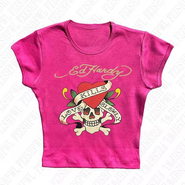 Cross-Border Wholesale Short Skull Print T-Shirt for Women, Casual American Style Slim Fit Top, Cool Short Sleeve Crop Top Cross-Border Wholesale Short Skull Print T-Shirt for Women, Casual American Style Slim Fit Top, Cool Short Sleeve Crop Top