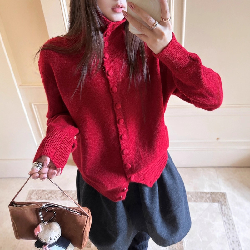 New Year's Eve Red High-End High-Neck Knitted Cardigan for Women 2025 Autumn and Winter Korean Style Lazy Style Loose Sweater Jacket