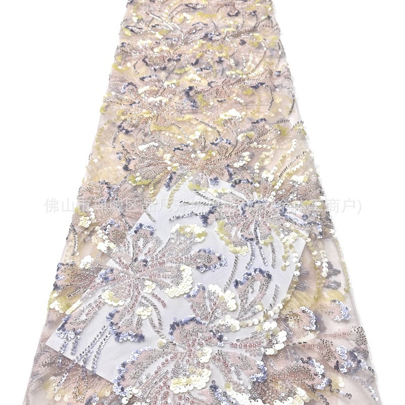 Nuevo fresco clavos de cuentas sequinilla tela de malla bordada floral de color brindis de novia vestido de noche tela image 5