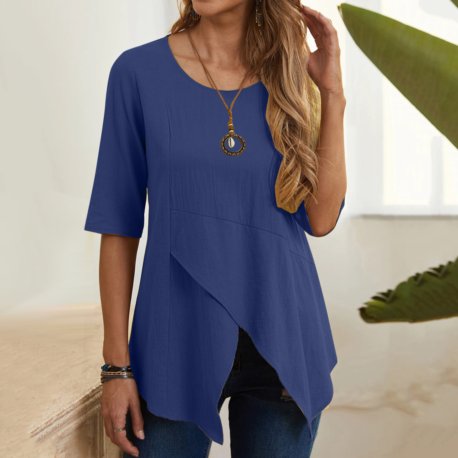 21002 # Amazon WISH Jersey irregular de las mujeres europeas y americanas de cuello redondo slim fit media manga de algodón y lino camiseta superior